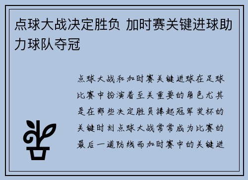 点球大战决定胜负 加时赛关键进球助力球队夺冠