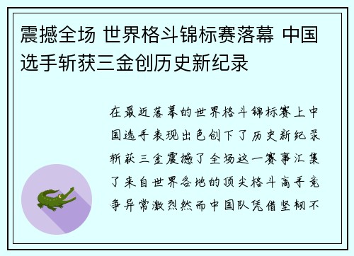 震撼全场 世界格斗锦标赛落幕 中国选手斩获三金创历史新纪录