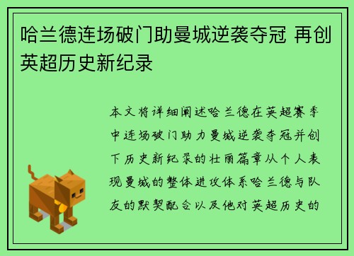 哈兰德连场破门助曼城逆袭夺冠 再创英超历史新纪录