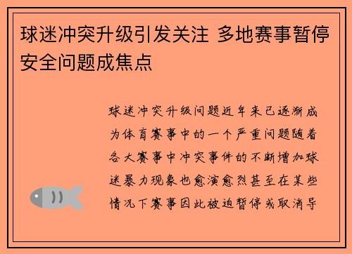 球迷冲突升级引发关注 多地赛事暂停安全问题成焦点